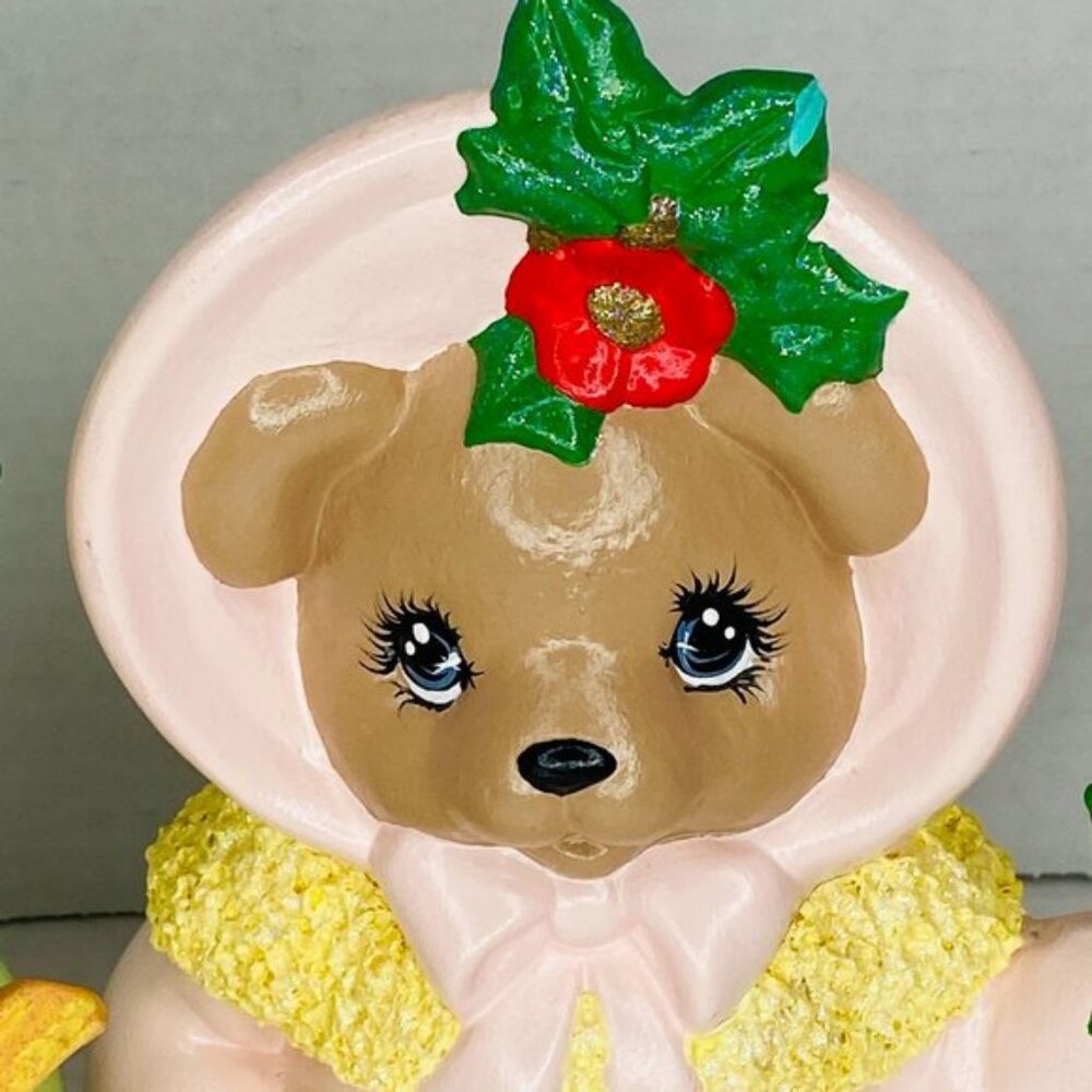 Set of 2 Vintage Hobbyist Ceramic Christmas Carolers Teddy Bears Figurines